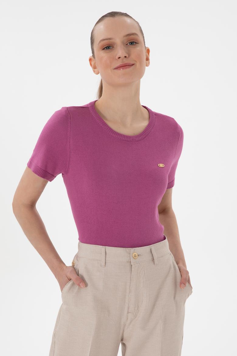 Kadın Fuşya Bisiklet Yaka Triko Tişört - 50306460003