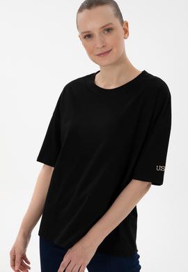 Kadın Siyah Oversize Bisiklet Yaka Tişört - 50305810007