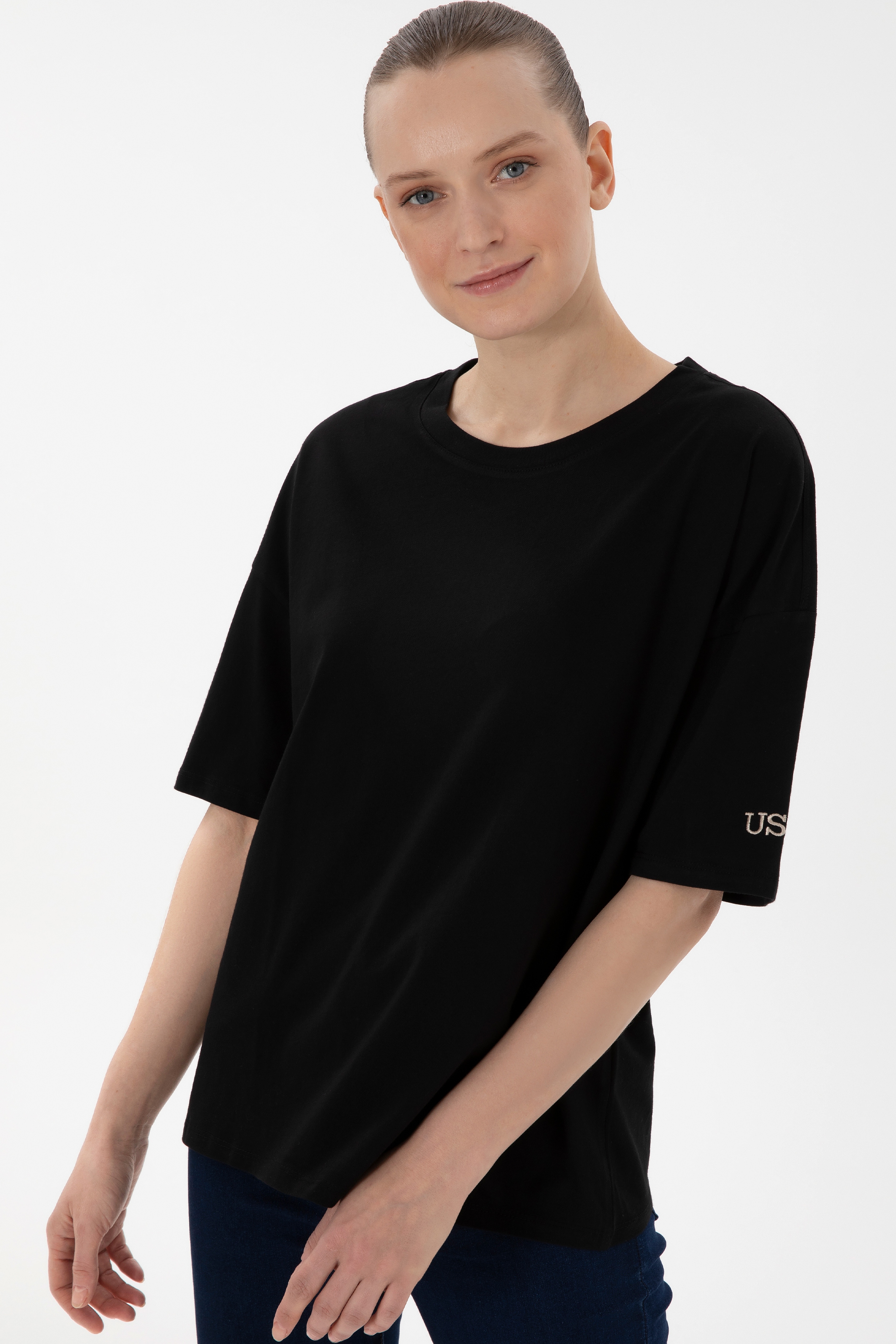 Kadın Siyah Oversize Bisiklet Yaka Tişört - Image 3