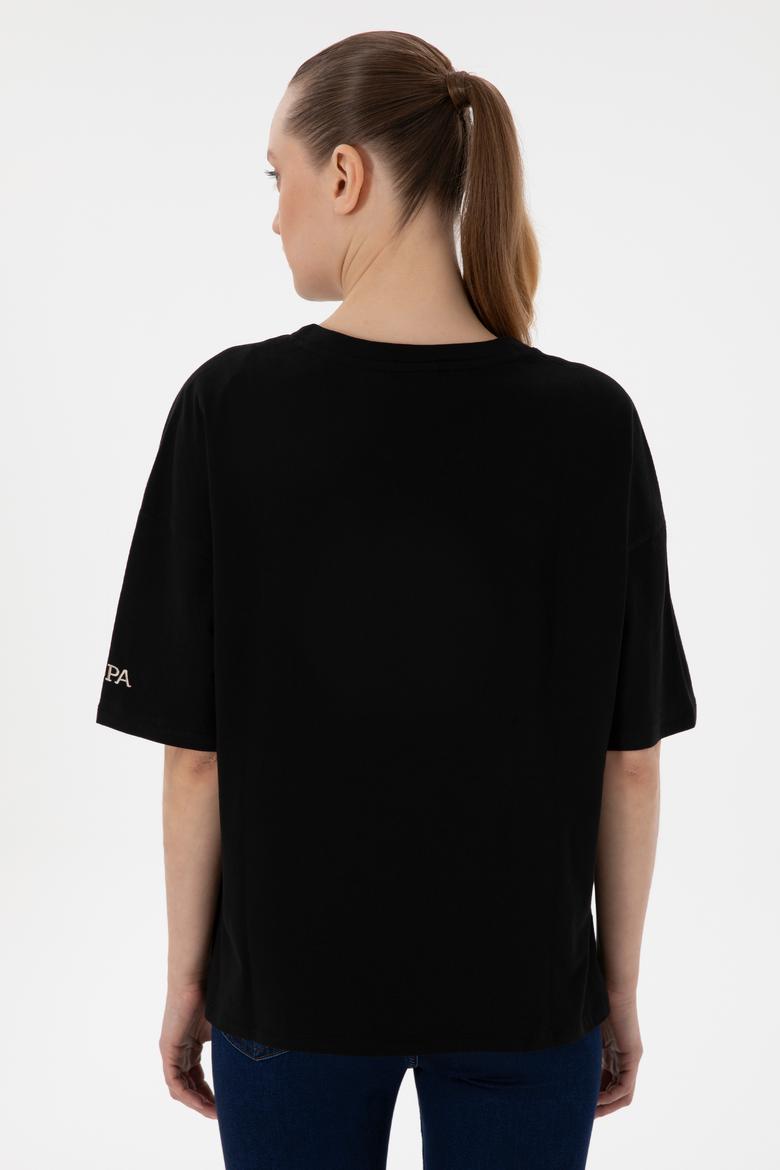 Kadın Siyah Oversize Bisiklet Yaka Tişört - 50305810007