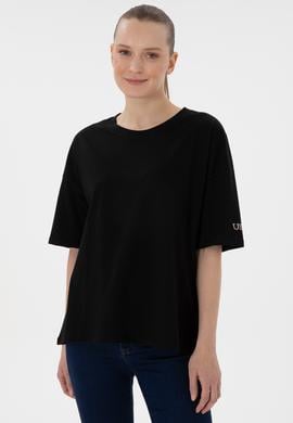 Kadın Siyah Oversize Bisiklet Yaka Tişört - 50305810007