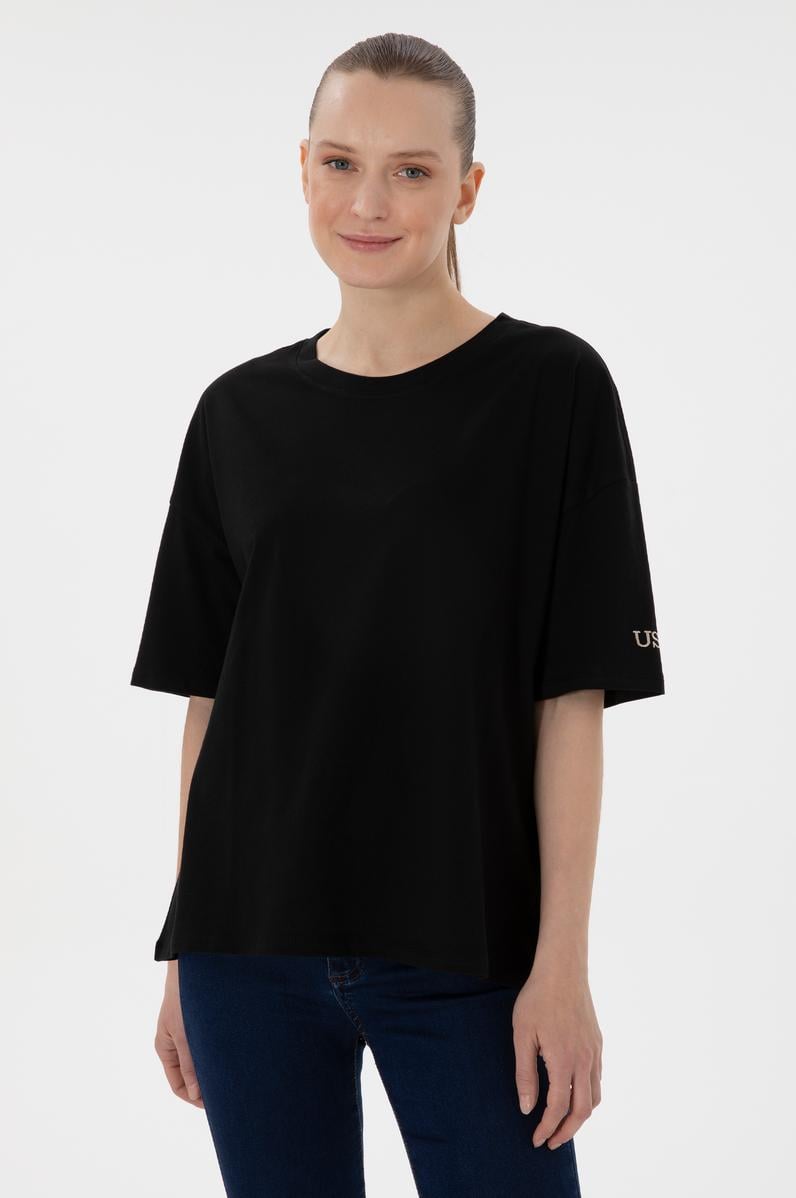 Kadın Siyah Oversize Bisiklet Yaka Tişört