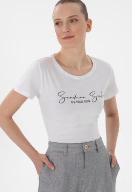 Kadın Beyaz Bisiklet Yaka Tişört - 50305746016