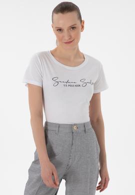 Kadın Beyaz Bisiklet Yaka Tişört - 50305746016