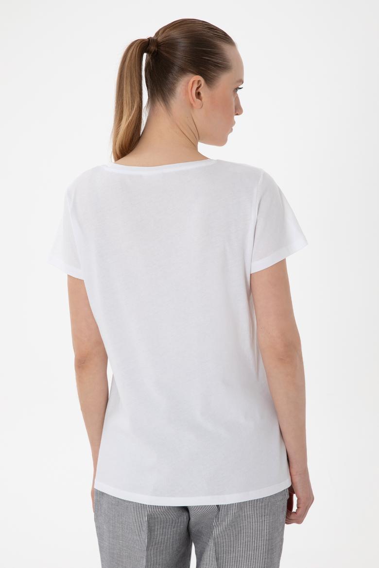 Kadın Beyaz Bisiklet Yaka Tişört - 50305746016