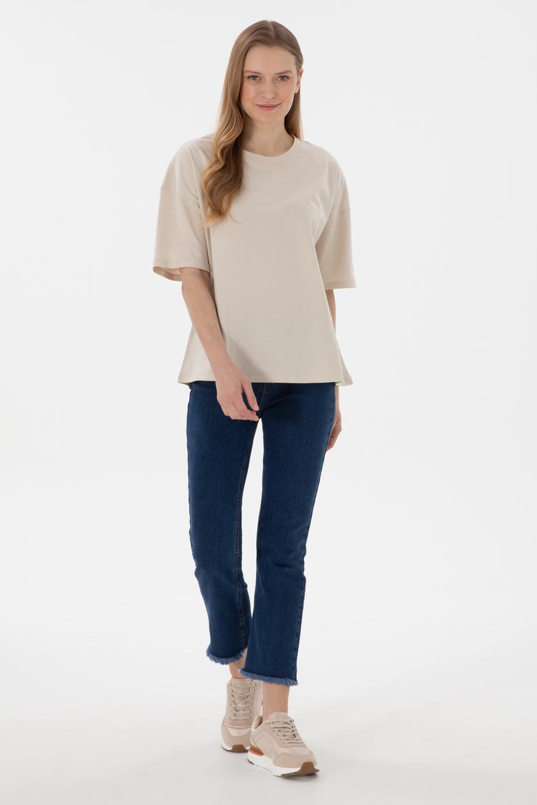 Kadın Taş Oversize Bisiklet Yaka Tişört - 50305810020