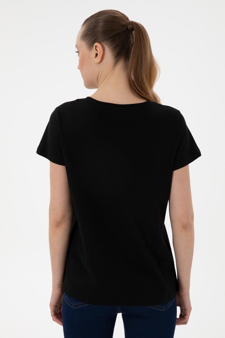 Kadın Siyah Bisiklet Yaka Tişört - 50305746006