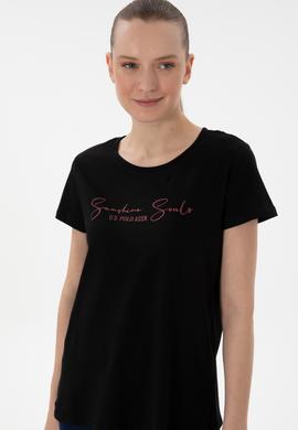 Kadın Siyah Bisiklet Yaka Tişört - 50305746006