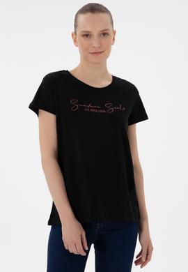 Kadın Siyah Bisiklet Yaka Tişört - 50305746006