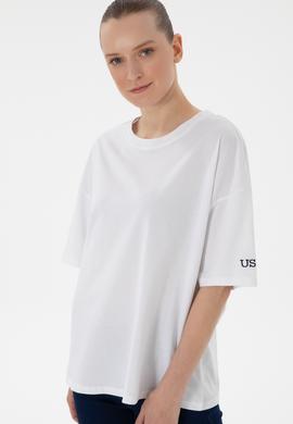 Kadın Beyaz Oversize Bisiklet Yaka Tişört - 50305810029