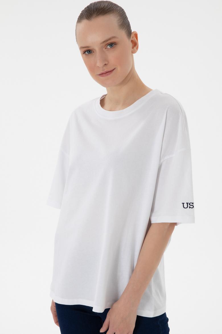 Kadın Beyaz Oversize Bisiklet Yaka Tişört - 50305810029