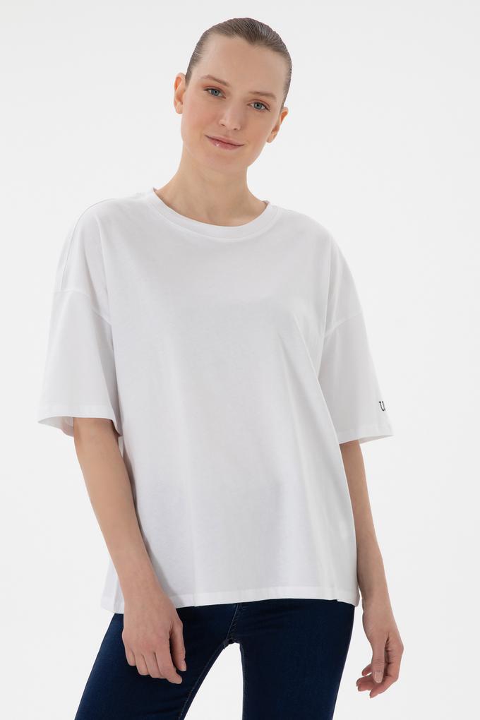 Kadın Beyaz Oversize Bisiklet Yaka Tişört