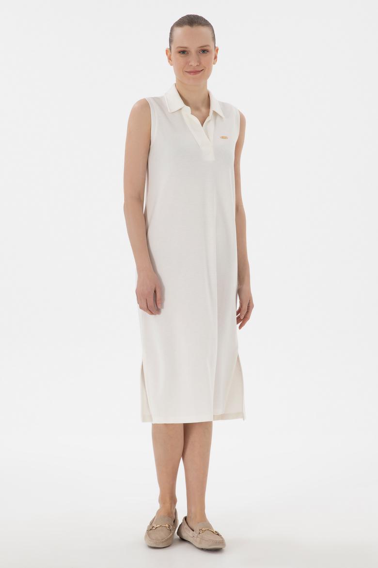 Kadın Krem Polo Yaka Midi Boy Örme Elbise