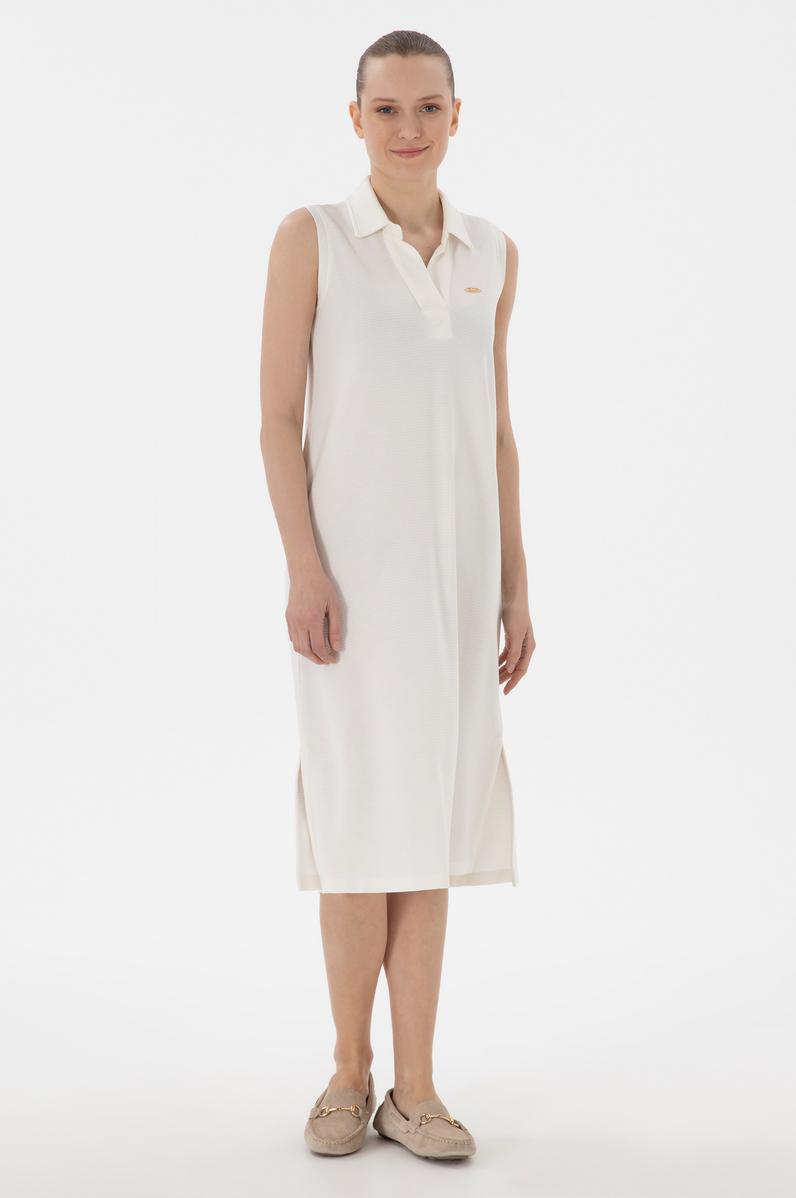 Kadın Krem Polo Yaka Midi Boy Örme Elbise