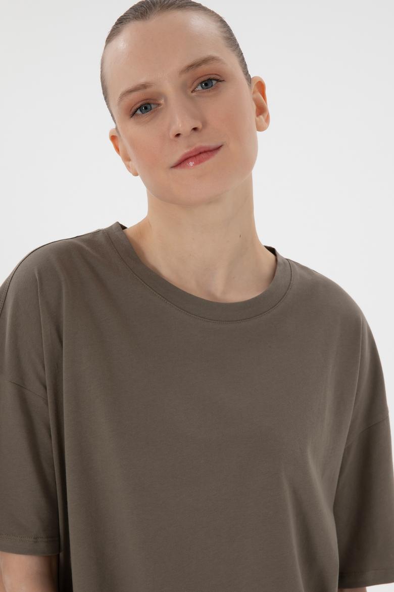 Kadın Vizon Oversize Bisiklet Yaka Tişört - 50305810039