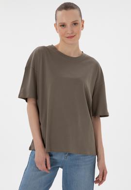 Kadın Vizon Oversize Bisiklet Yaka Tişört - 50305810039