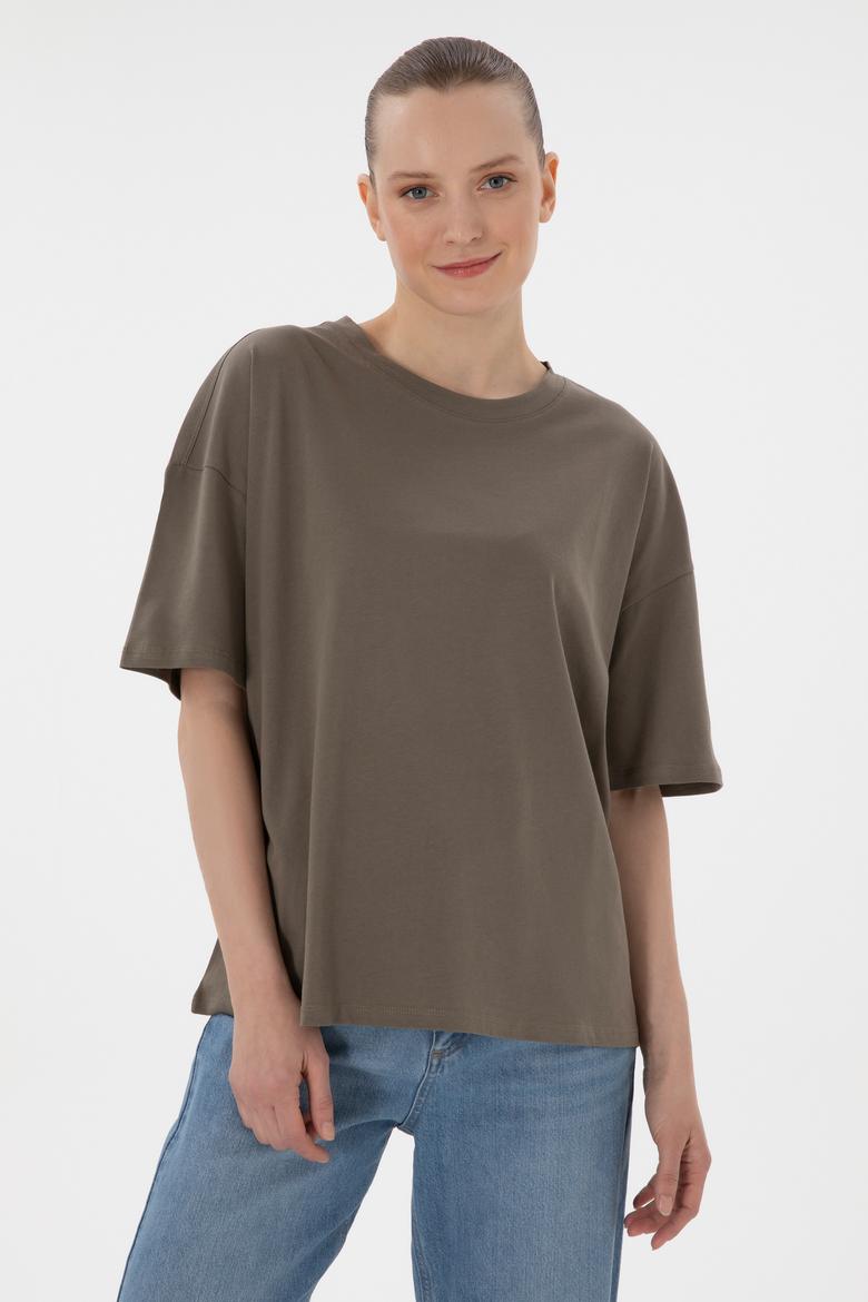 Kadın Vizon Oversize Bisiklet Yaka Tişört