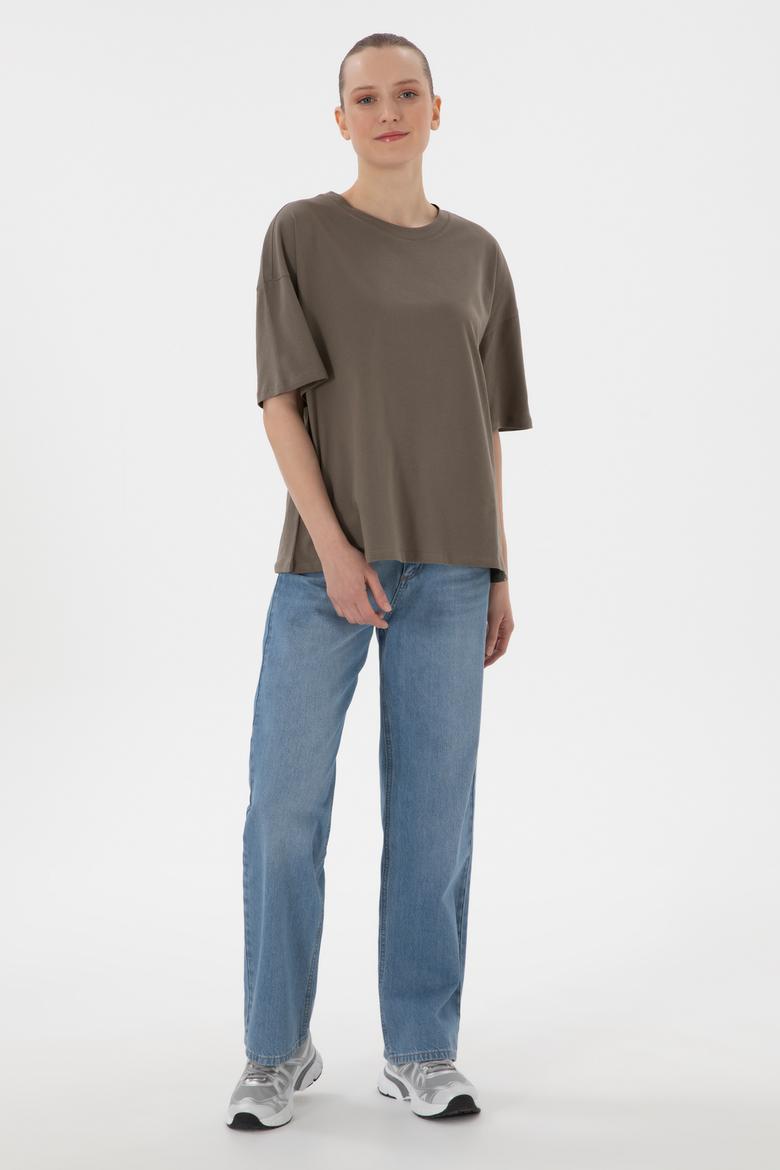 Kadın Vizon Oversize Bisiklet Yaka Tişört - 50305810039