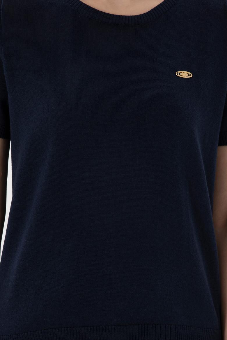 Kadın Lacivert Bisiklet Yaka Triko Tişört - 50306460017