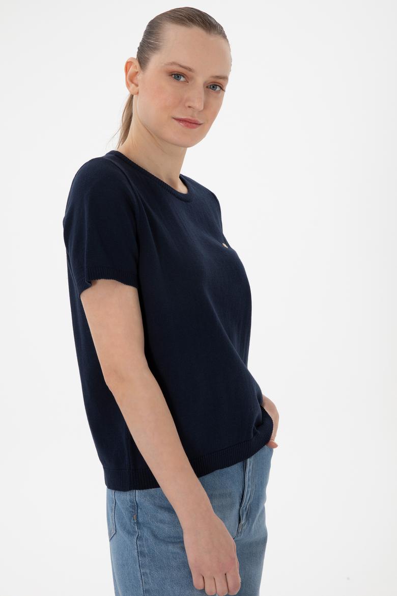 Kadın Lacivert Bisiklet Yaka Triko Tişört - 50306460017