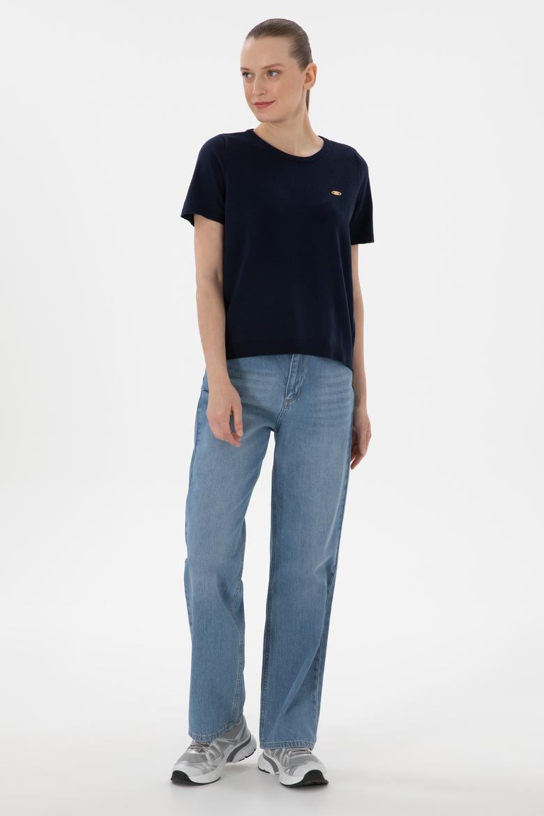 Kadın Lacivert Bisiklet Yaka Triko Tişört - 50306460017