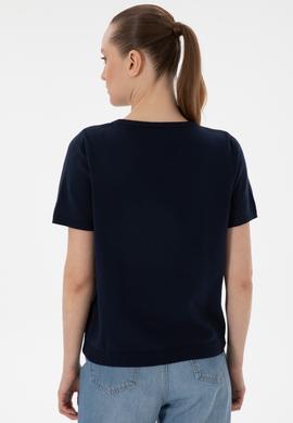 Kadın Lacivert Bisiklet Yaka Triko Tişört - 50306460017