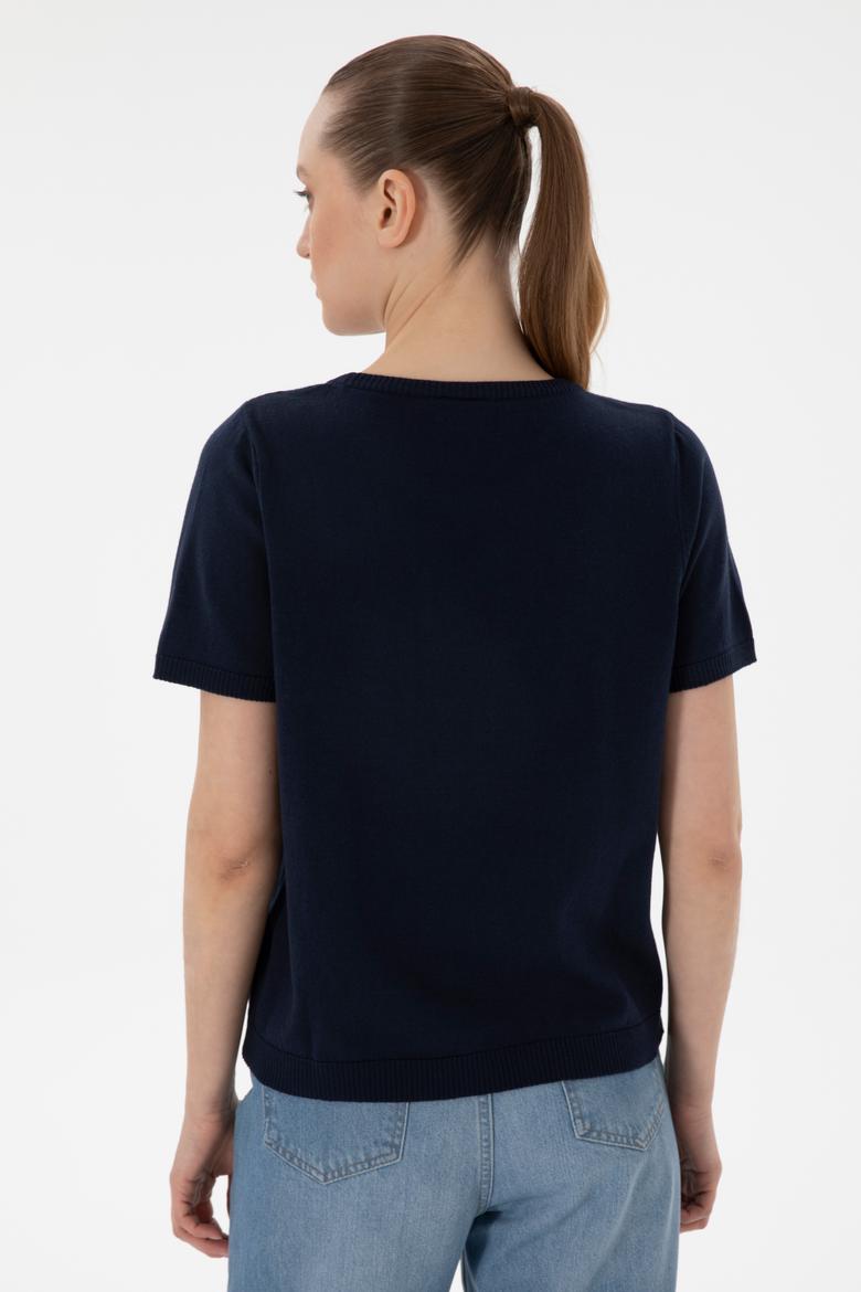 Kadın Lacivert Bisiklet Yaka Triko Tişört - 50306460017