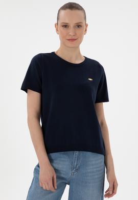 Kadın Lacivert Bisiklet Yaka Triko Tişört - 50306460017