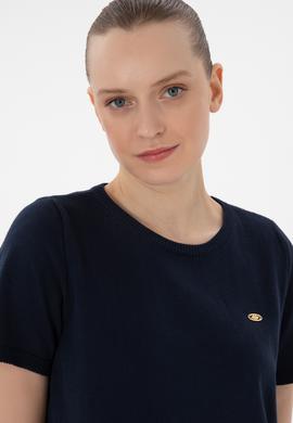 Kadın Lacivert Bisiklet Yaka Triko Tişört - 50306460017