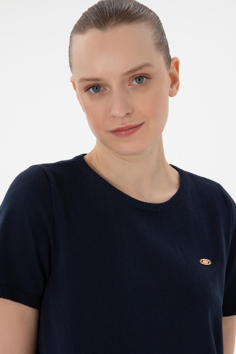 Kadın Lacivert Bisiklet Yaka Triko Tişört - 50306460017