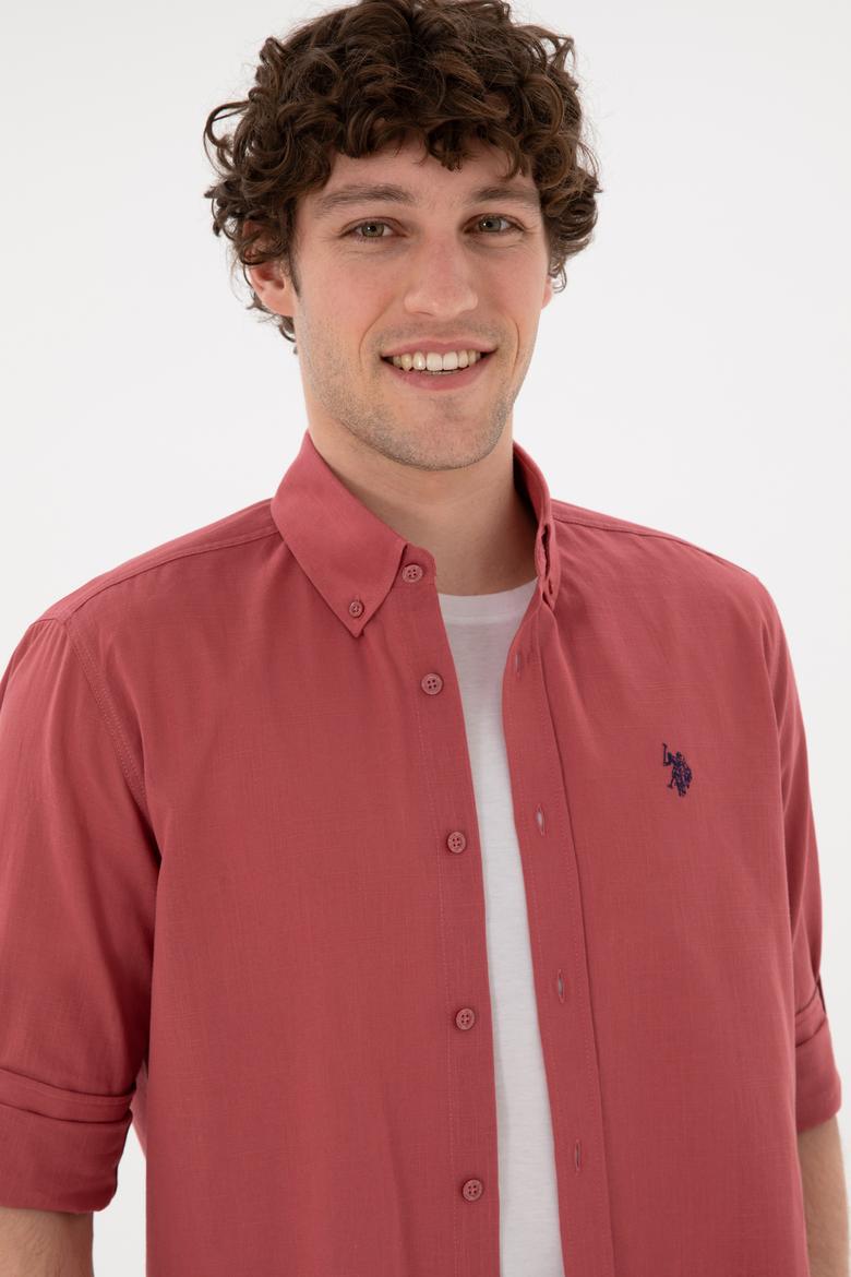 Erkek Vişne Keten Görünümlü Gömlek - 50306285086