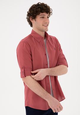 Erkek Vişne Keten Görünümlü Gömlek - 50306285086