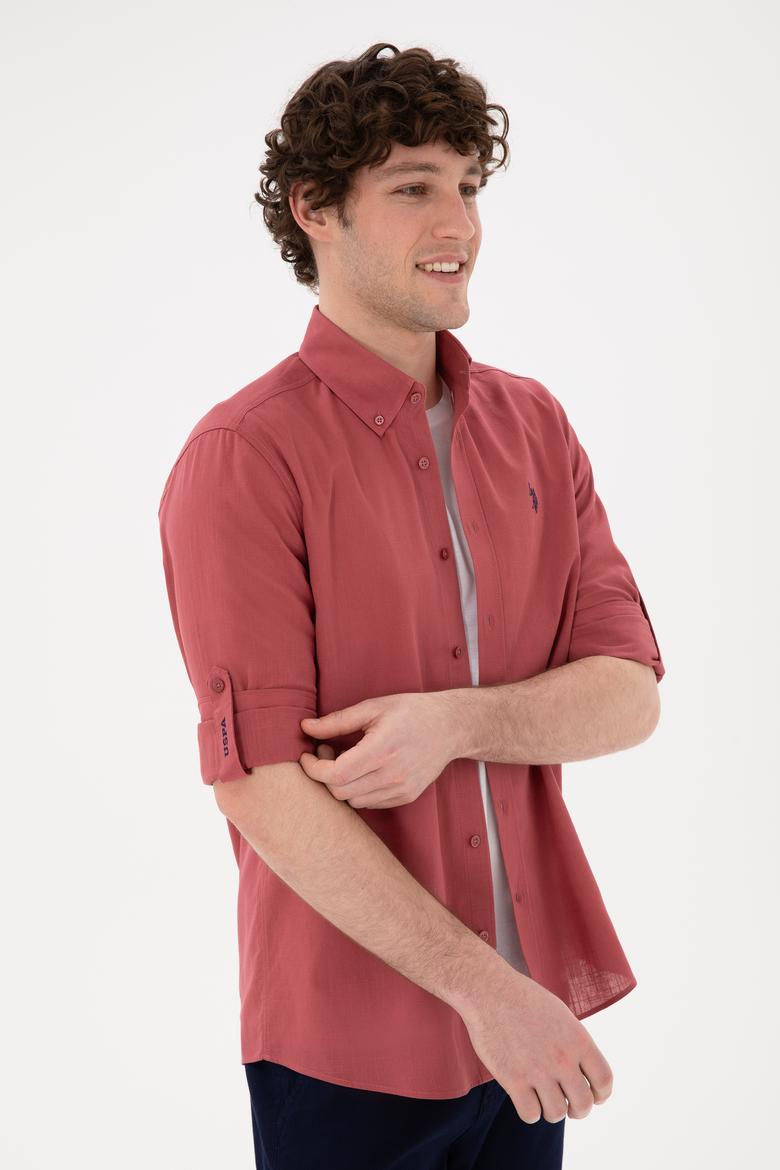 Erkek Vişne Keten Görünümlü Gömlek - 50306285086