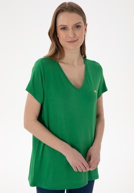 Kadın Yeşil V Yaka Basic Tişört - 50280019037