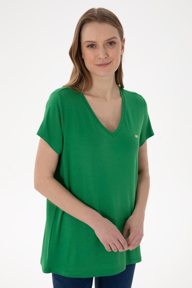 Kadın Yeşil V Yaka Basic Tişört