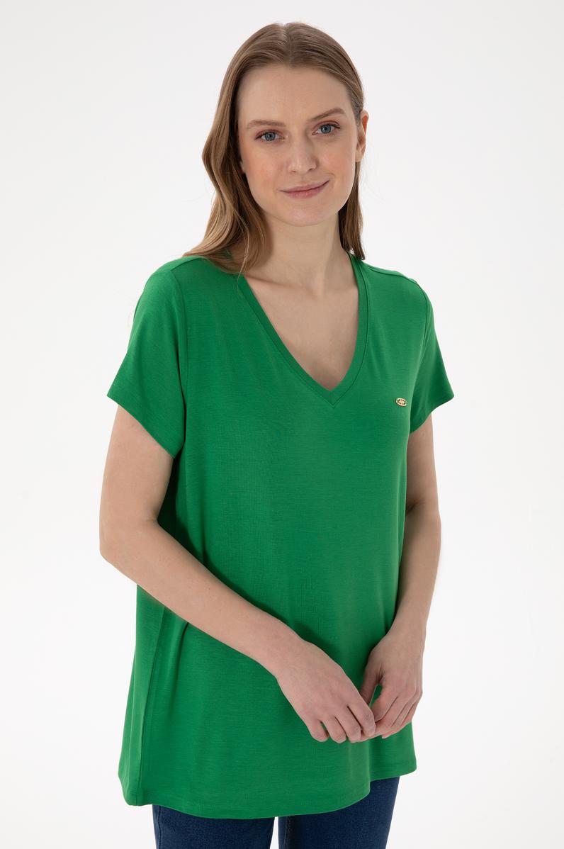 Kadın Yeşil V Yaka Basic Tişört