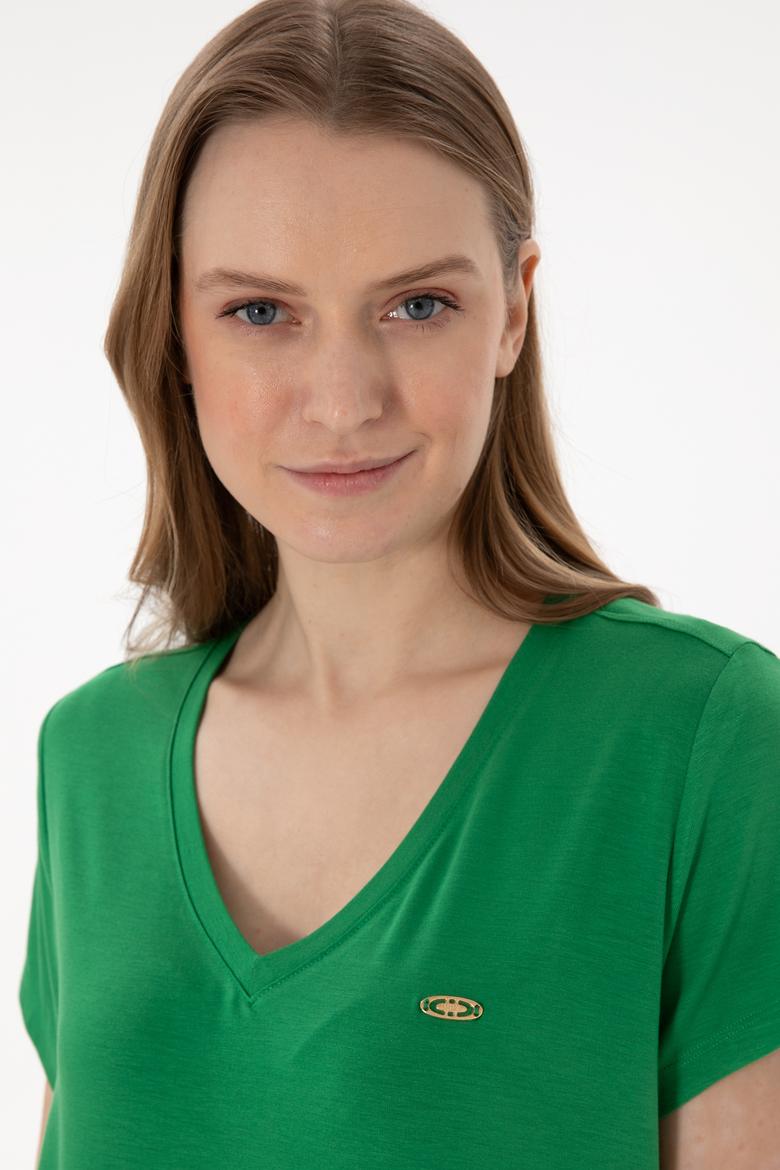 Kadın Yeşil V Yaka Basic Tişört - 50280019037