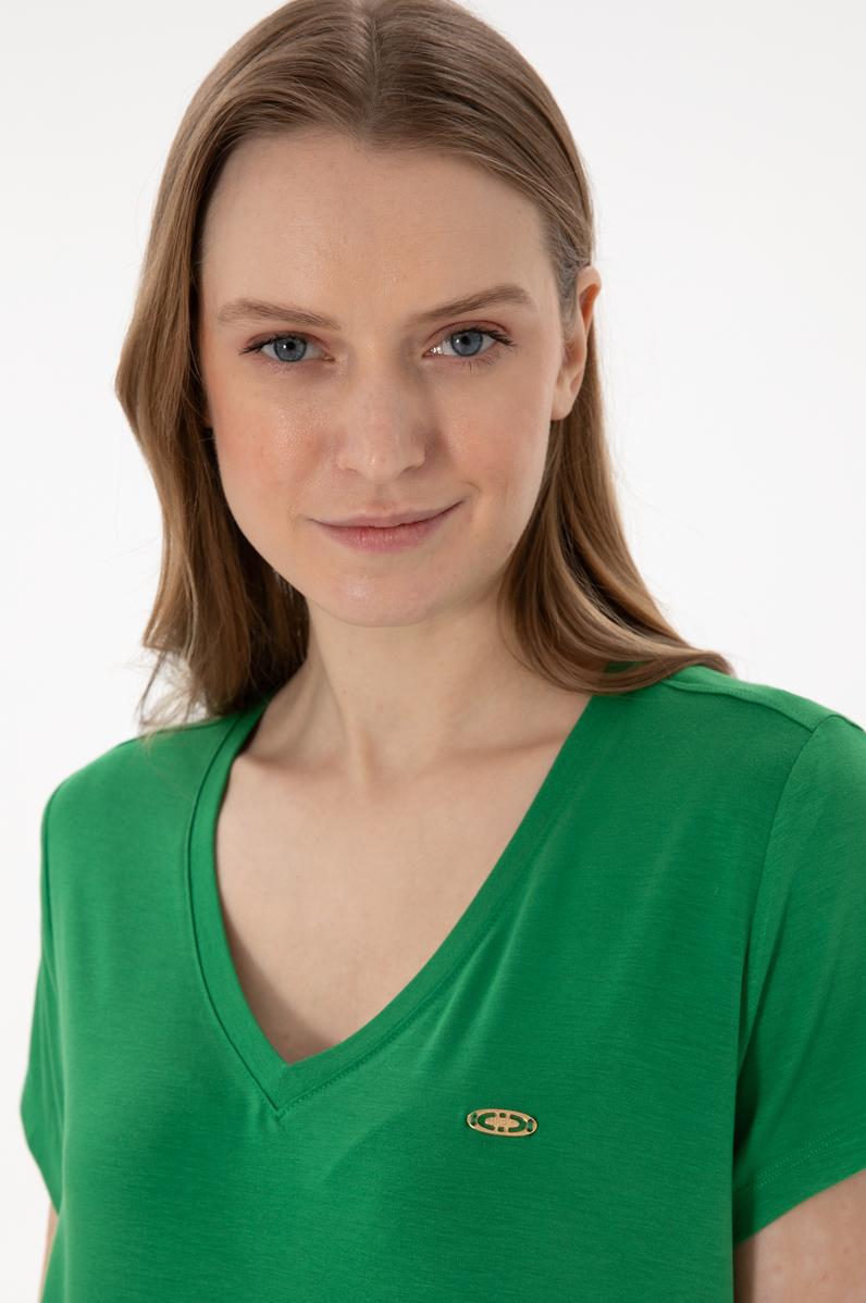 Kadın Yeşil V Yaka Basic Tişört