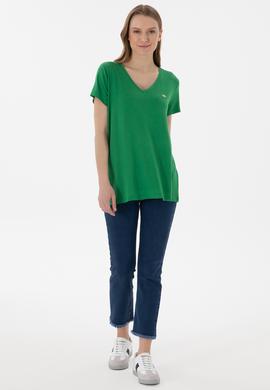 Kadın Yeşil V Yaka Basic Tişört - 50280019037