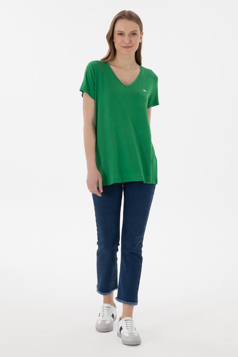 Kadın Yeşil V Yaka Basic Tişört - 50280019037