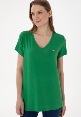 Kadın Yeşil V Yaka Basic Tişört - 50280019037