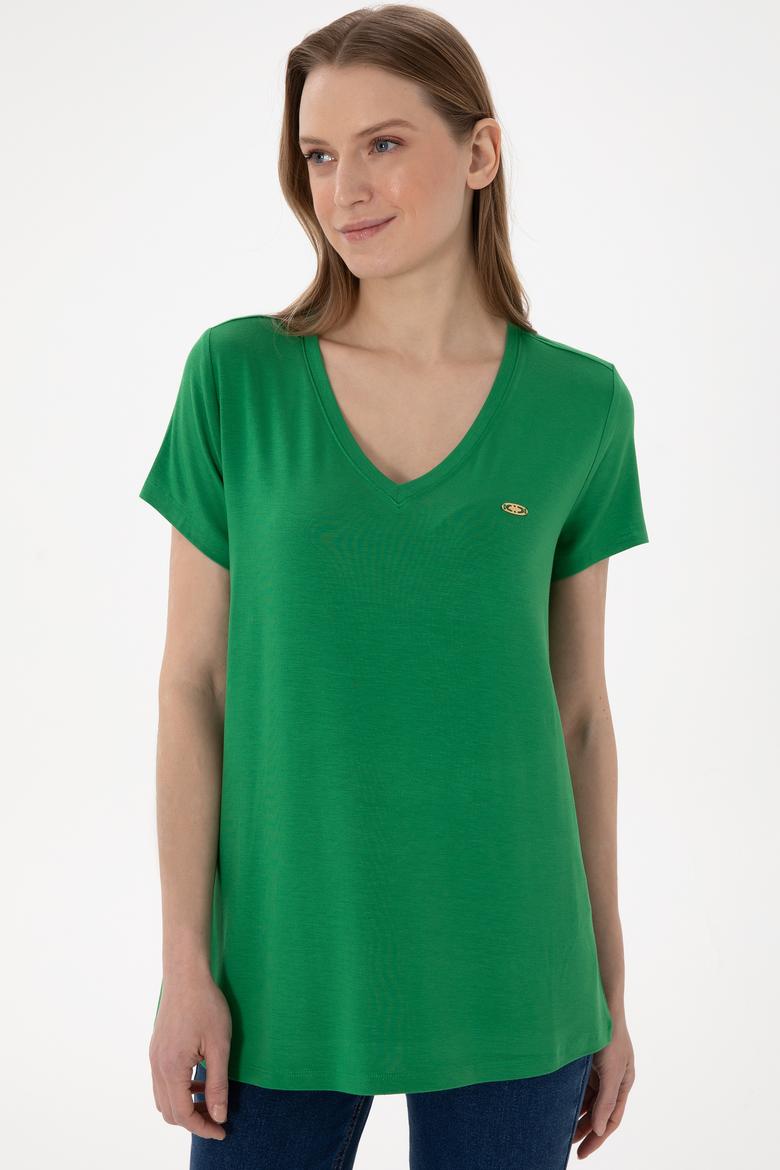 Kadın Yeşil V Yaka Basic Tişört - 50280019037