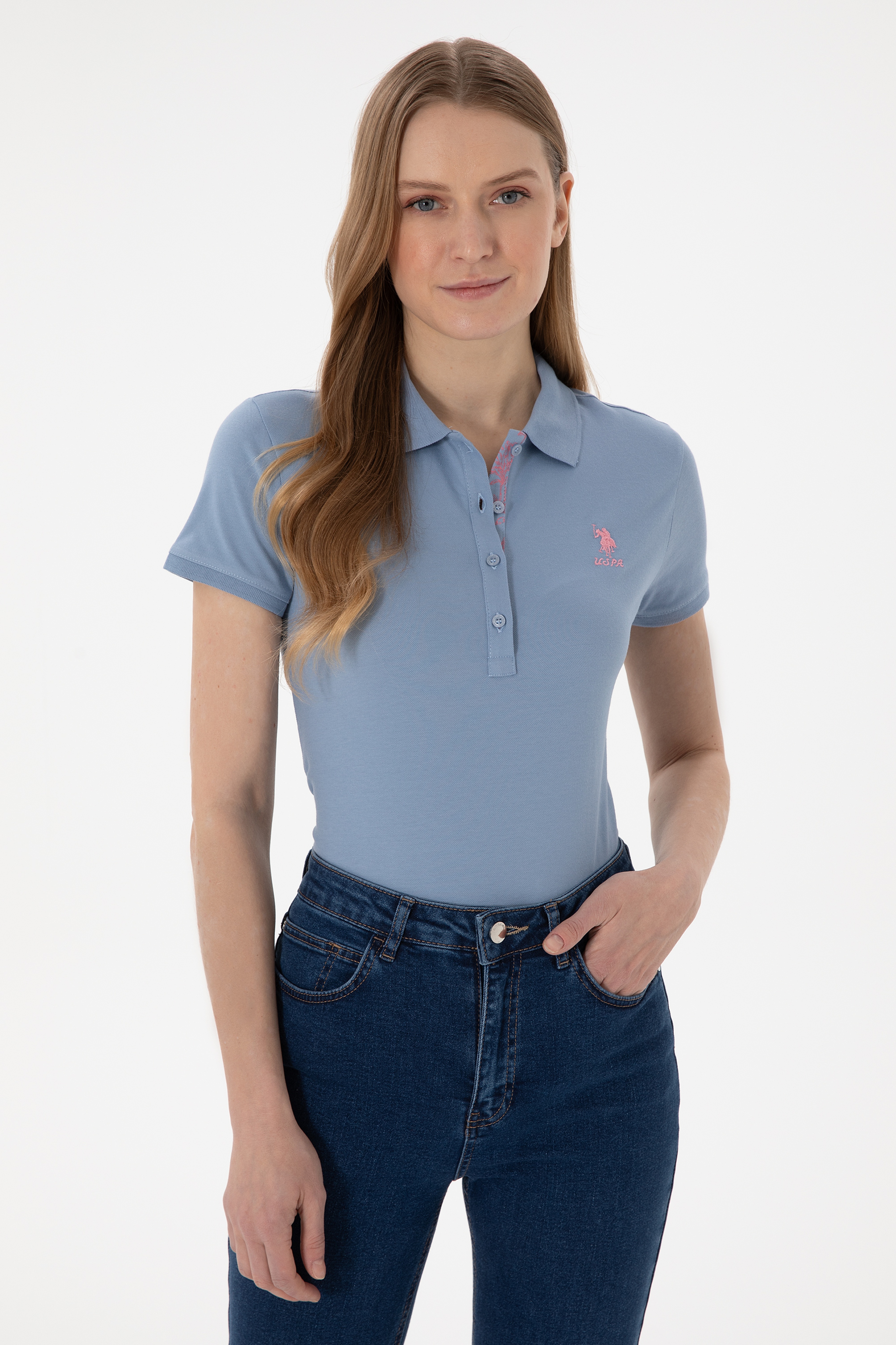 Kadın Mavi Basic Polo Yaka Tişört - Image 3