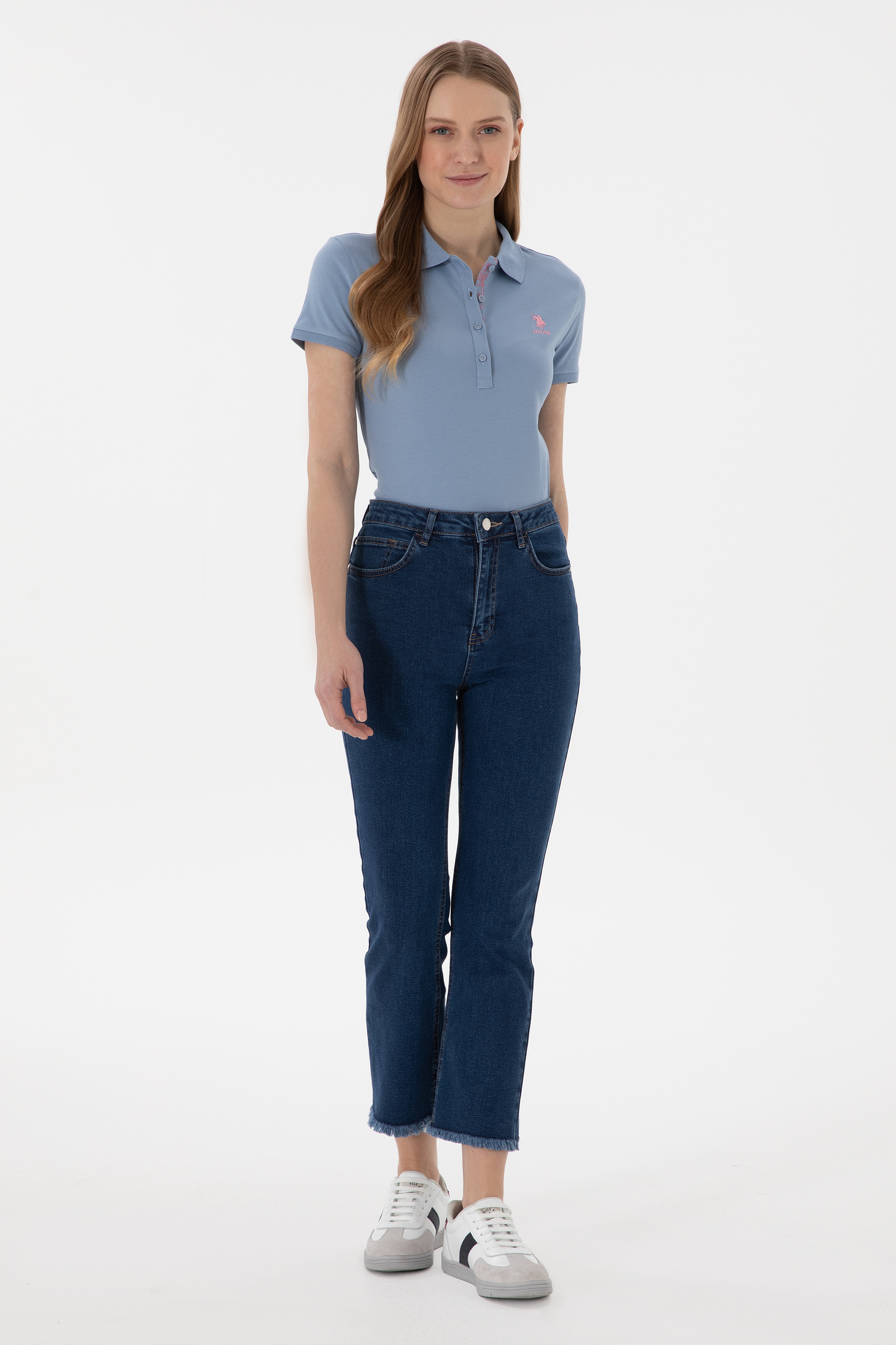 Kadın Mavi Basic Polo Yaka Tişört - Image 4