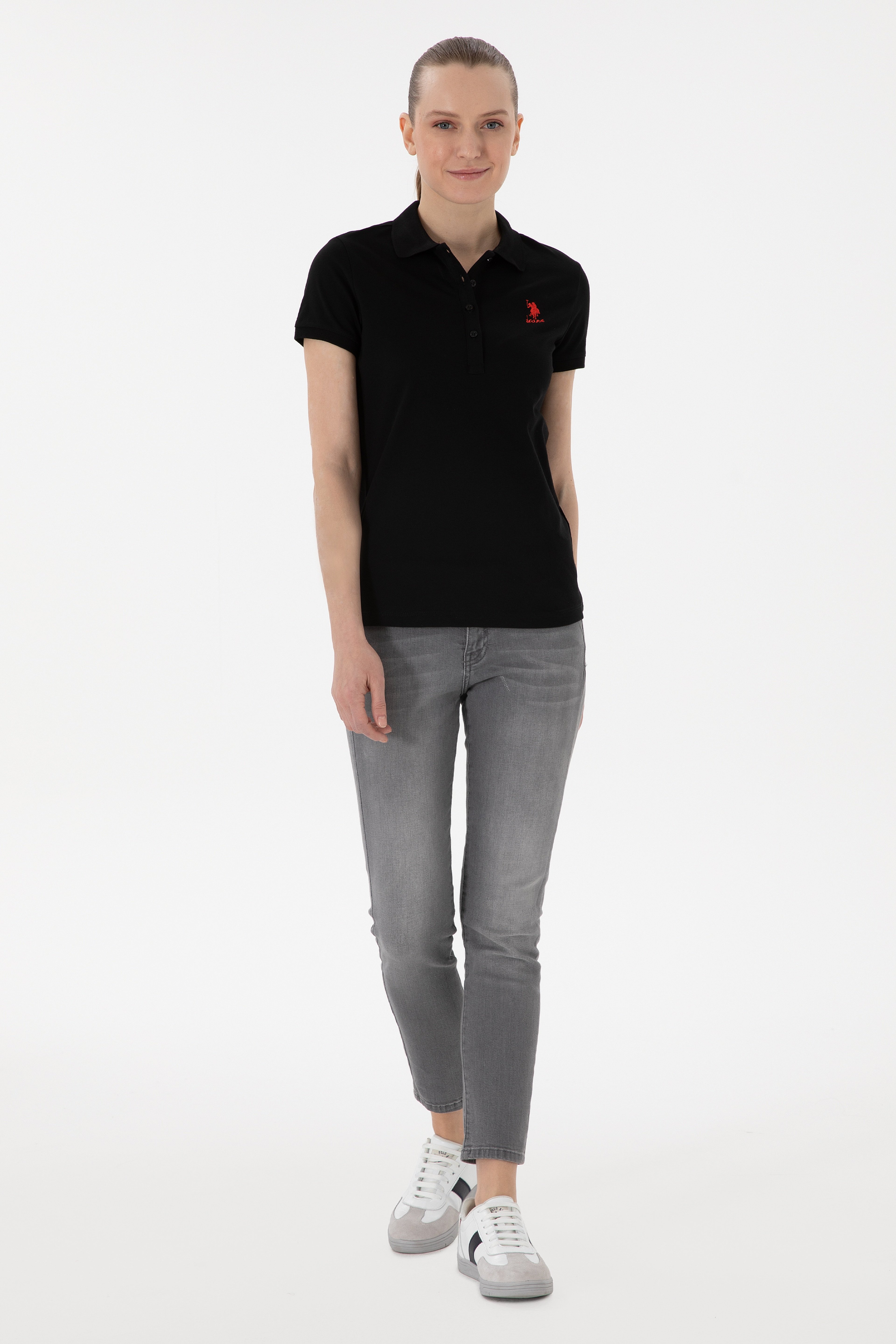 Kadın Siyah Basic Polo Yaka Tişört