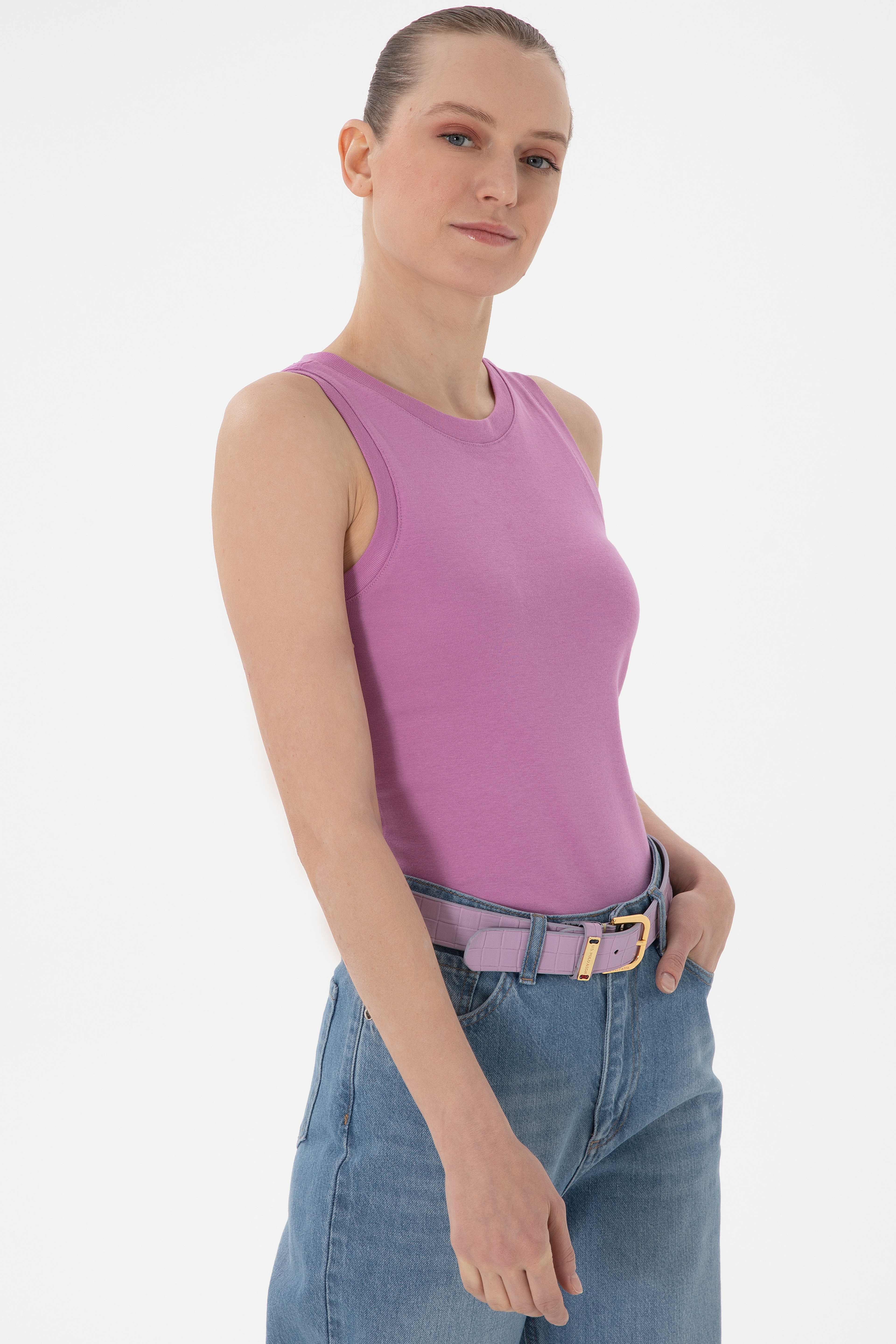 Kadın Pembe Kolsuz Bisiklet Yaka Basic Tişört - Image 3