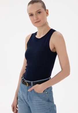 Kadın Lacivert Kolsuz Bisiklet Yaka Basic Tişört - 50300904028