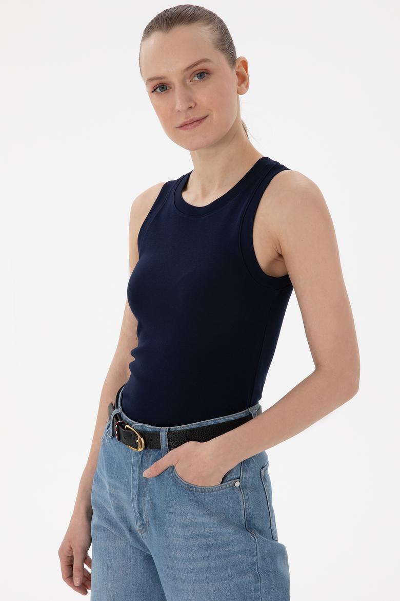 Kadın Lacivert Kolsuz Bisiklet Yaka Basic Tişört - 50300904028