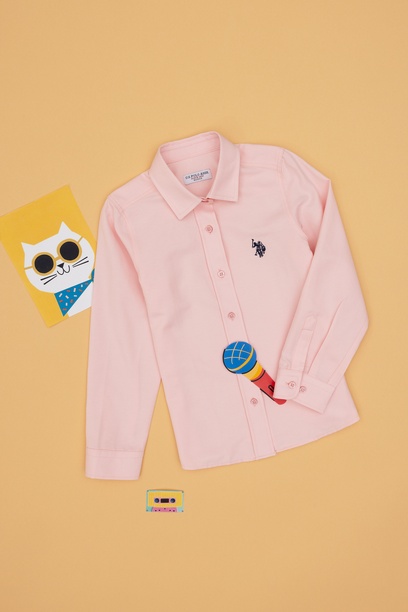 Kız Çocuk Açık Pembe Uzun Kollu Basic Gömlek