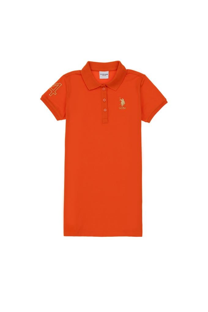 Kız Çocuk Nar Çiçeği Polo Yaka Kısa Kol A-Form Basic Örme Elbise